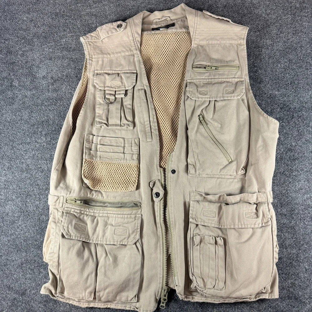 Vintage Banana Republic Photo Safari Vest Mens L Beige Mesh Lined Multi Pocket